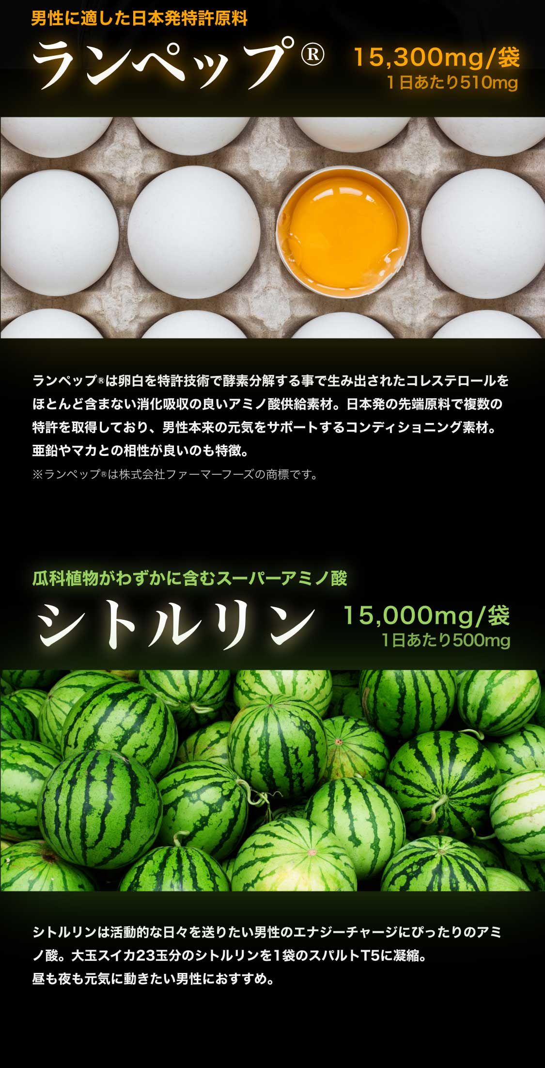 男性に適した日本初特許原料ランペップ。卵白を特殊技術で酵素分解することで生み出されたコレステロールをほとんど含まない消化吸収の良いアミノ酸供給素材。瓜科植物がわずかに含むスーパーアミノ酸シトルリン。